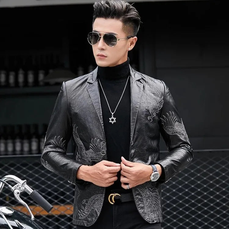 Business Men Fashion Eagle Embroidery Blazer Jacket Slim Fit Work Suit Coat Spring Autumn Natural Cowhide Genuine Leather Jacket