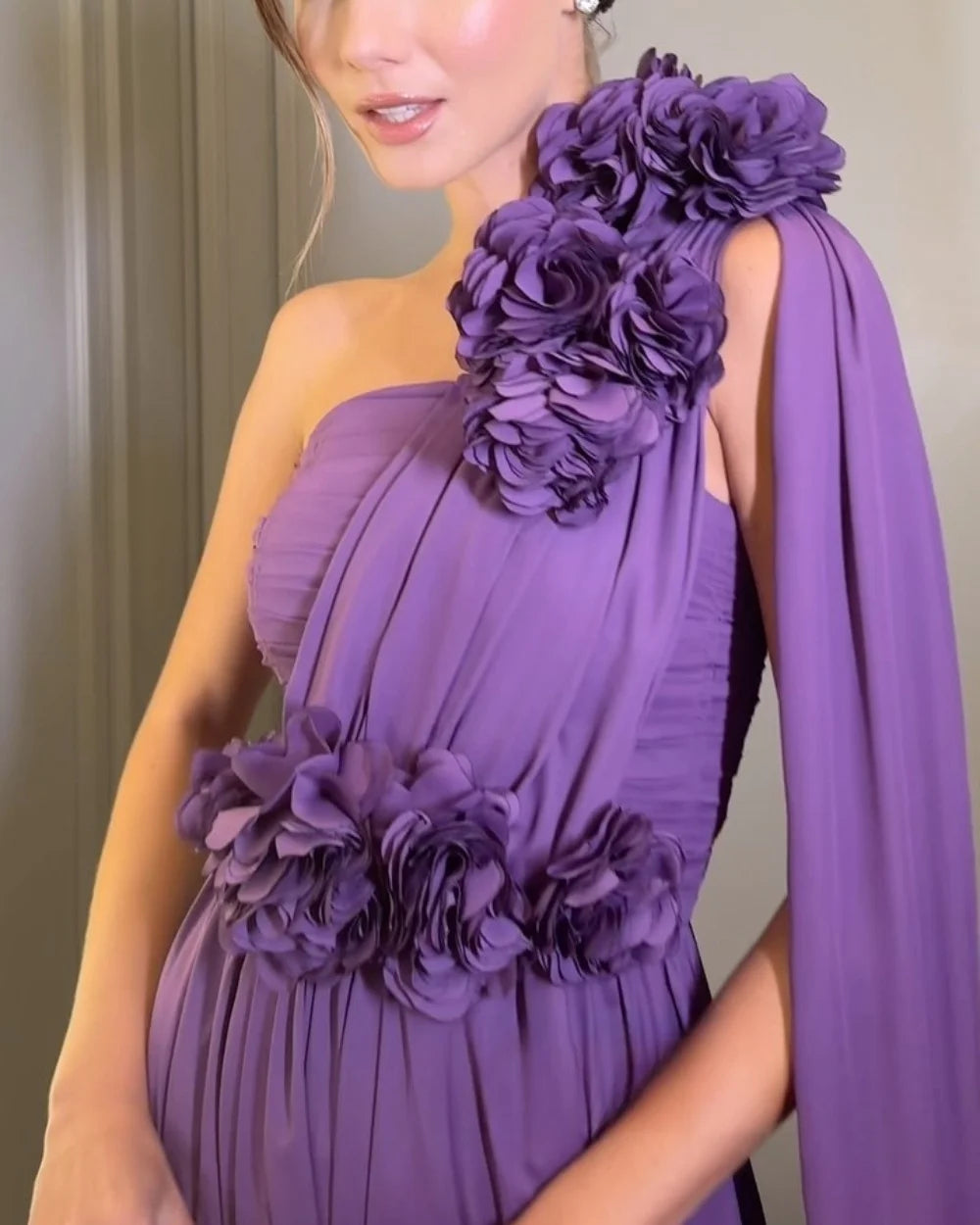 Mila Purple Flower One Shoulder Prom Dresses 3D Flower Waist Sleeveless Evening Dresses Floor-Length Customized Party Dresses
