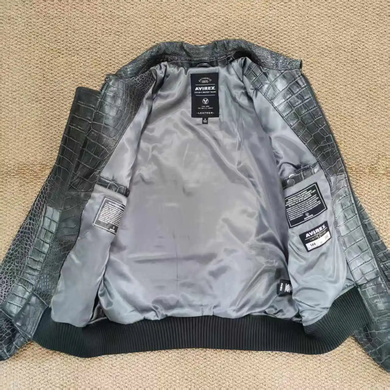 AVIREX new men's genuine leather jacket France 1.5 mm thick sheepskin embroidered crocodile pattern flight suit baseball coat