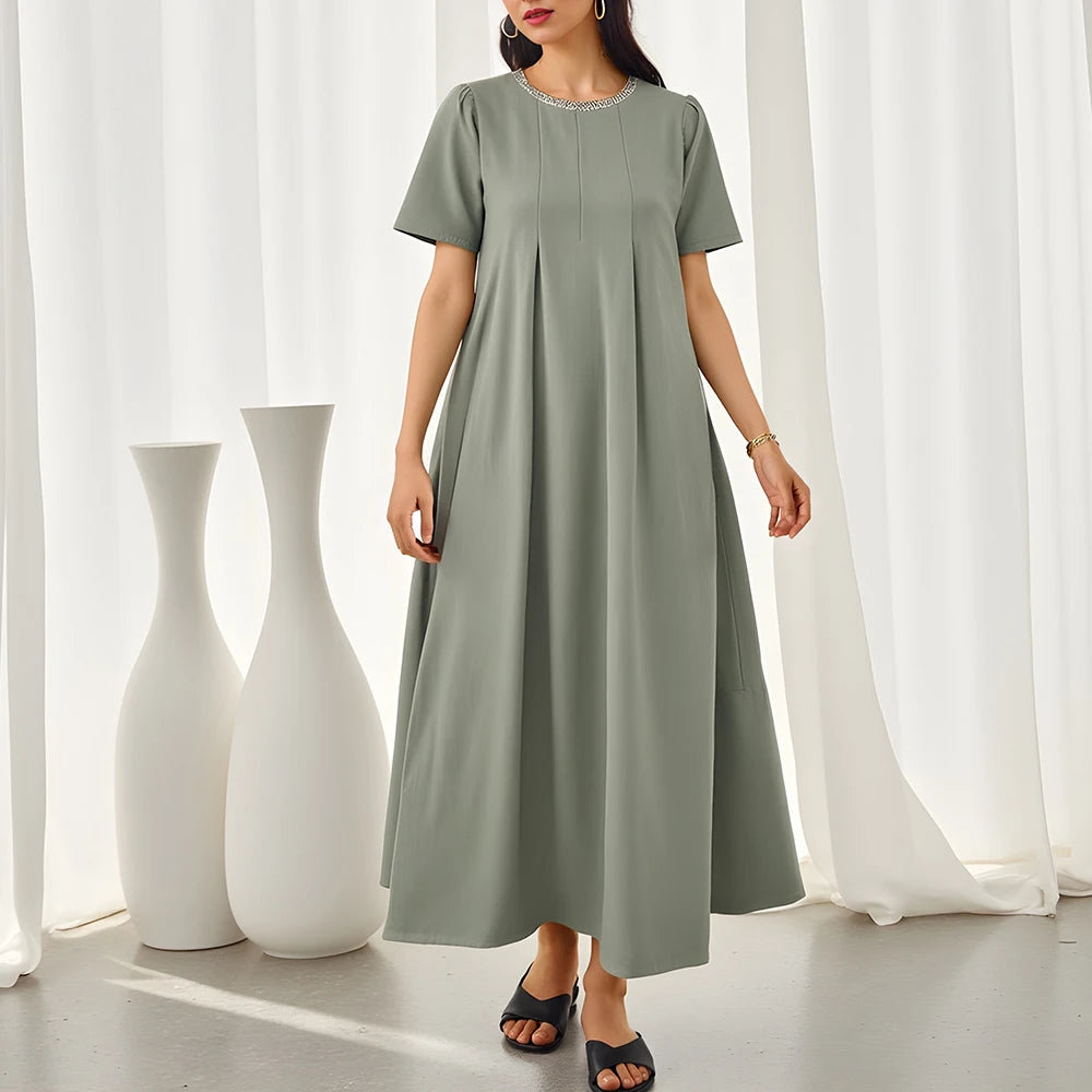 Rafiah Women's Dresses Summer Comfortable Elegant 2025 Plain Minimalism Short Sleeve Round Neck A-Line Midi Vacation Dresses