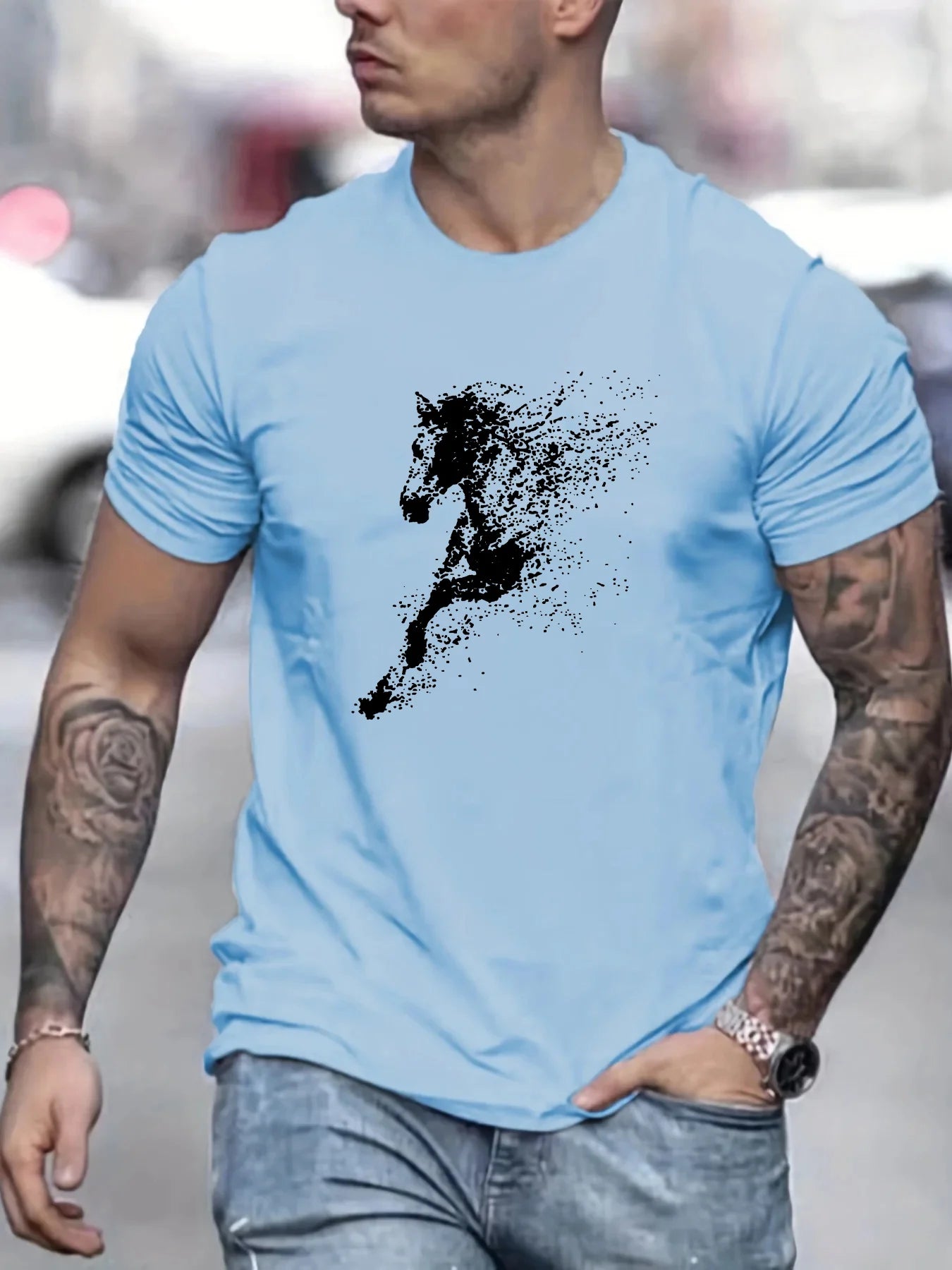 Men's Summer 100% Cotton Fashionable Casual Loose Large Black Horse Pattern Printed Round Neck Short Sleeve T-shirt Top