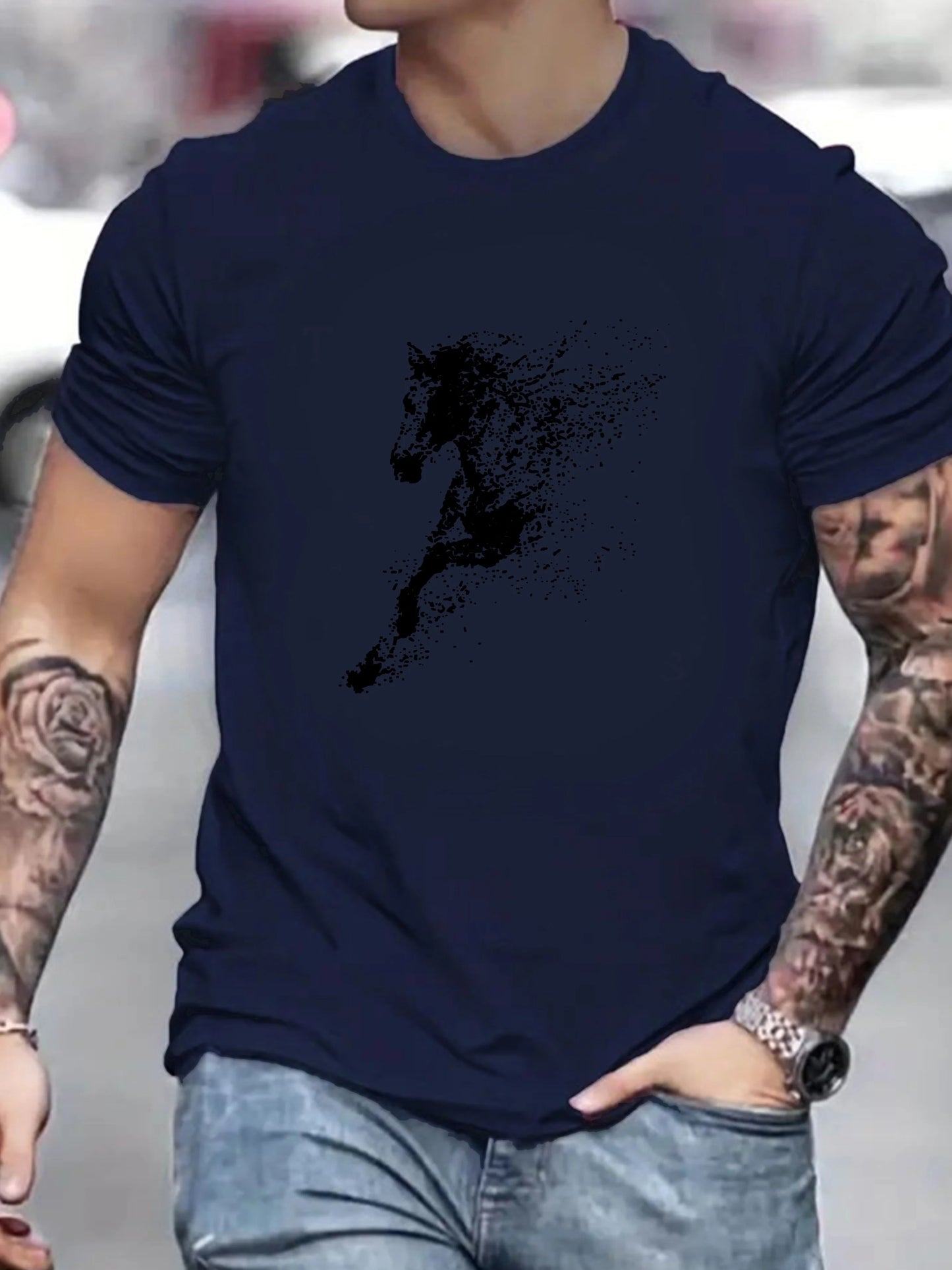 Men's Summer 100% Cotton Fashionable Casual Loose Large Black Horse Pattern Printed Round Neck Short Sleeve T-shirt Top