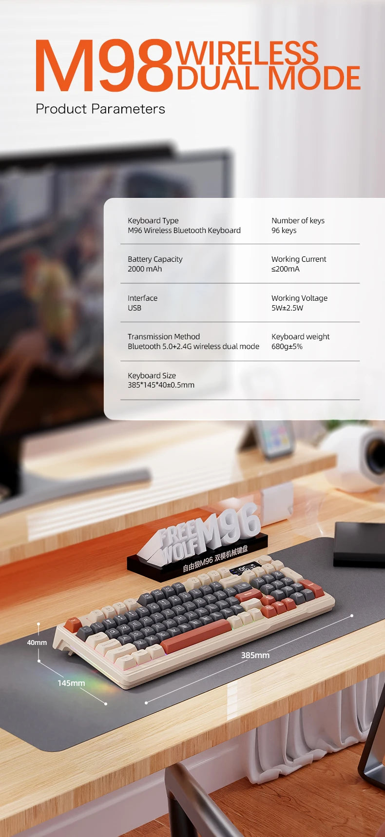 M96 Bluetooth Keyboard Wireless FREEWOLF Screen Gaming Keyboard,Electronic Screen, Multi-Device Connection,Ergonomics Gaming