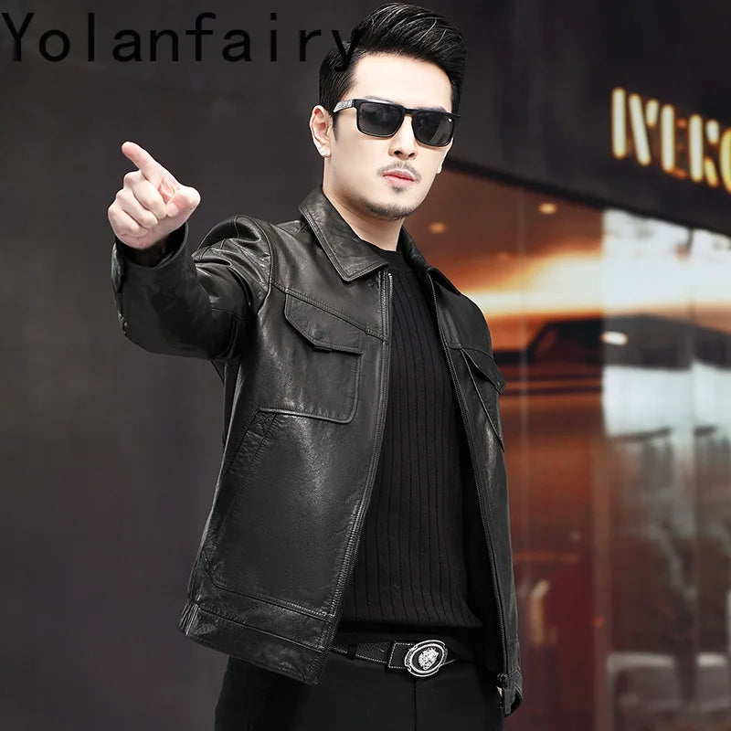Men's Distressed Genuine Cowhide Leather Jacket – Spring Autumn Casual Slim Fit