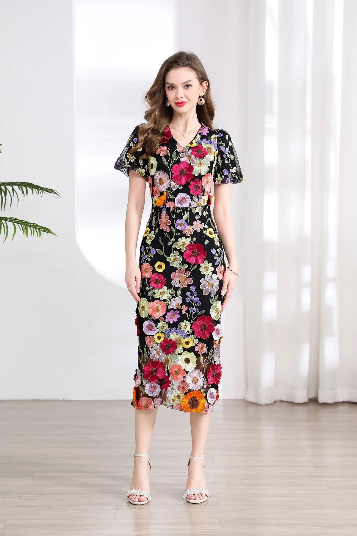 Summer High-end Embroidery Lace Prom Dress Women French Luxury 3D Flower Short Sleeve Long Dress Party Bodycon Holiday Vestido