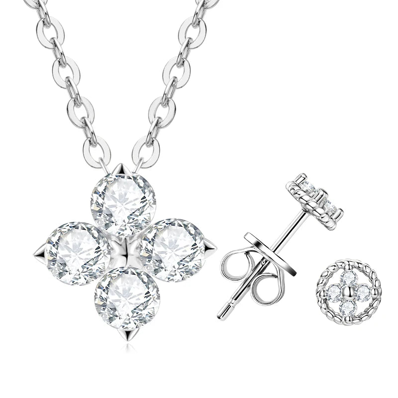 Lnngy Certified GRA Four Leaf Clover Moissanite Necklace Stud Earring Jewelry Set For Women 925 Sterling Silver Pendant Necklace