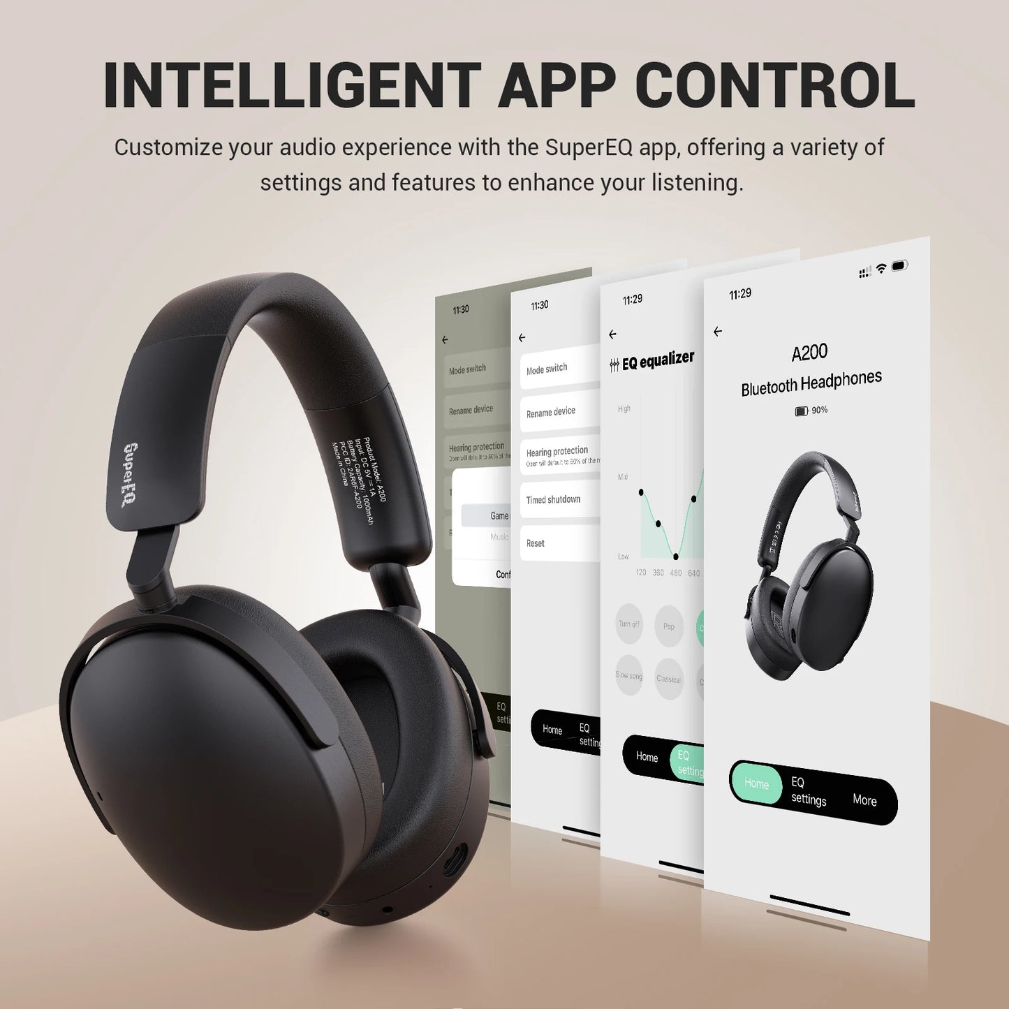 Oneodio SuperEQ A200 ANC Wireless Bluetooth 5.4 Headphones Active Noise Canceling Over Ear Headset With ENC Mic Hi-Res Audio APP