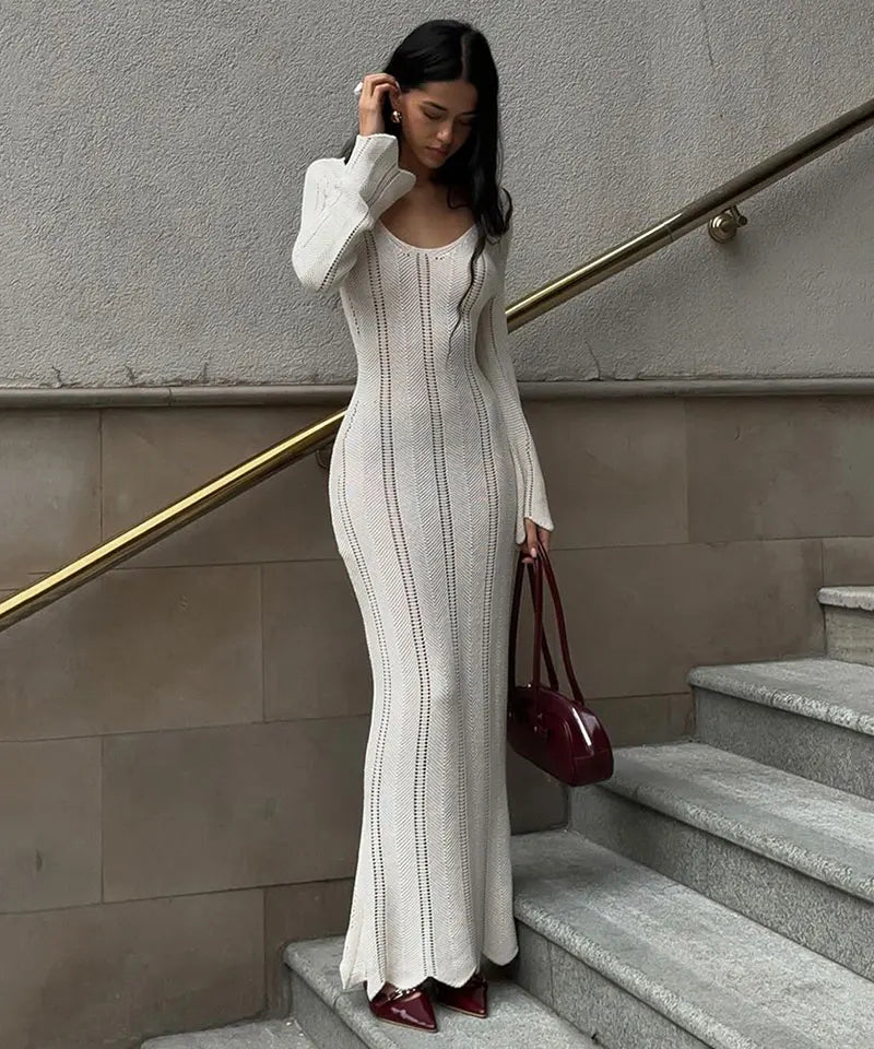 Knitted Hollow Out Maxi Dress – Women's Long Sleeve Off Shoulder Slim Fit.White/Black