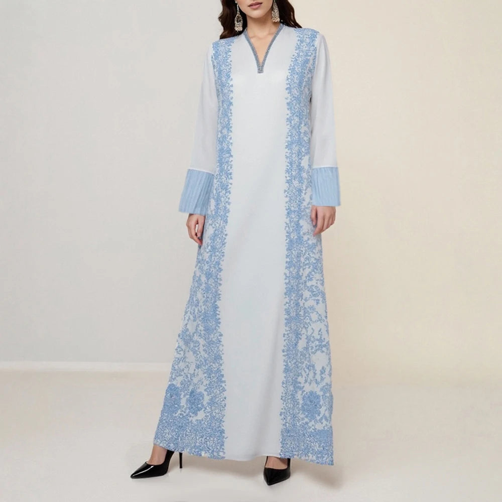 Rafiah Women's Arabian Dress Spring Summer Fashion Solid Color Patchwork Long Sleeve V-Neck Loose Arabian Dress For Women