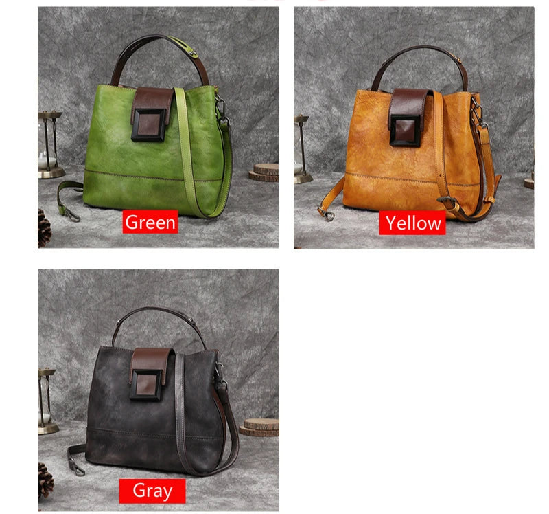 MOTAORA Women's Vintage Bucket Bag Genuine Top-Grain Leather Handmade Purse Luxury Designer Casual Office Travel Shoulder Bag