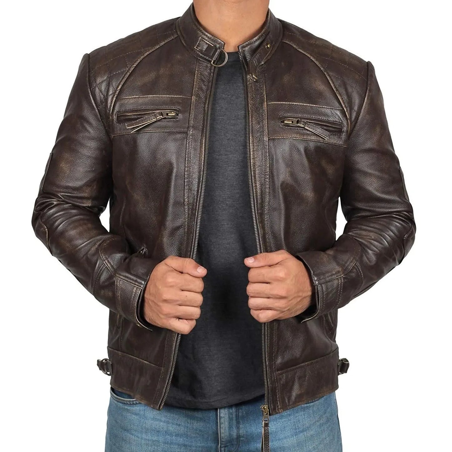 Men's Biker Leather Jacket Stand-up Collar Punk Leather Jacket Motorcycle Wear Leather Zipper Jacket Coat Hip Hop Streetwear
