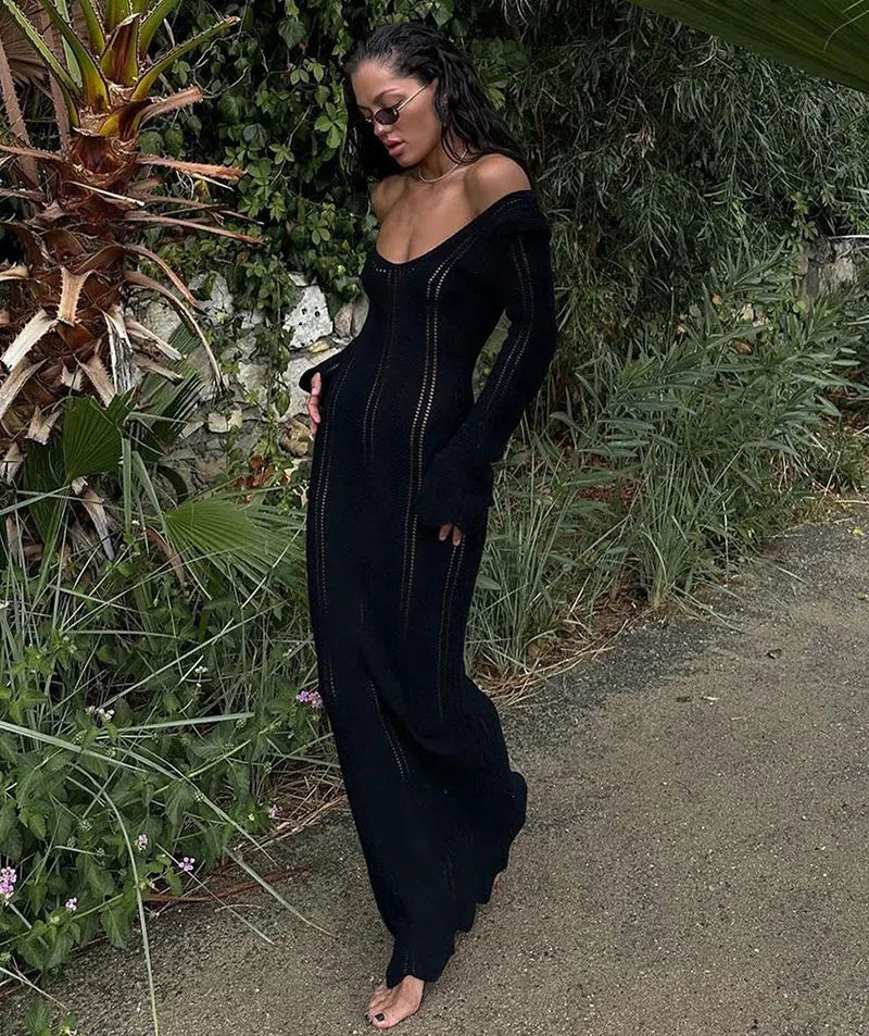 Knitted Hollow Out Maxi Dress – Women's Long Sleeve Off Shoulder Slim Fit.White/Black