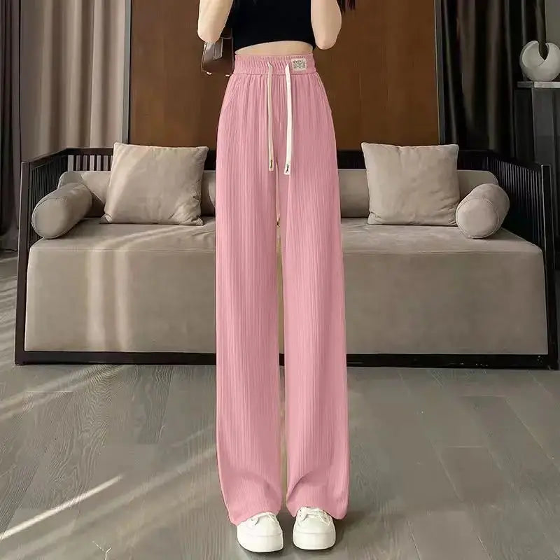 High Quali Ice Silk Wide Leg Pants Women's Straight Leg Casual Trousers Summer New Sle Trendy High Waist Nine Points