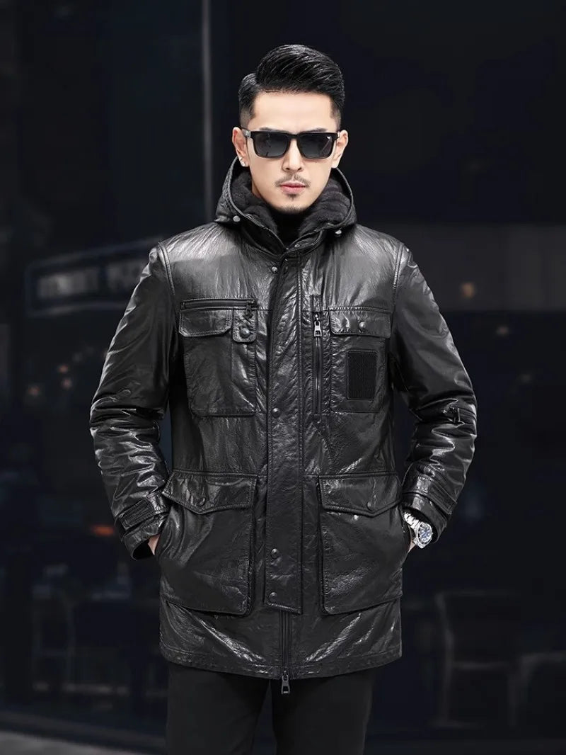 Men’s Oil Wax Cowhide Leather Jacket – Slim Fit Winter Cargo Coat with Mink Fur Lining & Hood