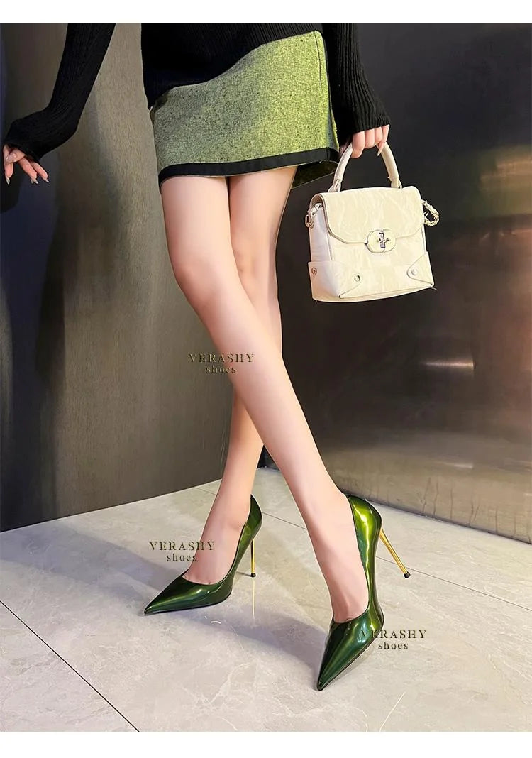 Green Shoes Quality Woman Pumps Patent Leather High Heels Sexy Party Shoes Metal Stilettos Luxury Wine red High-heeled Shoes