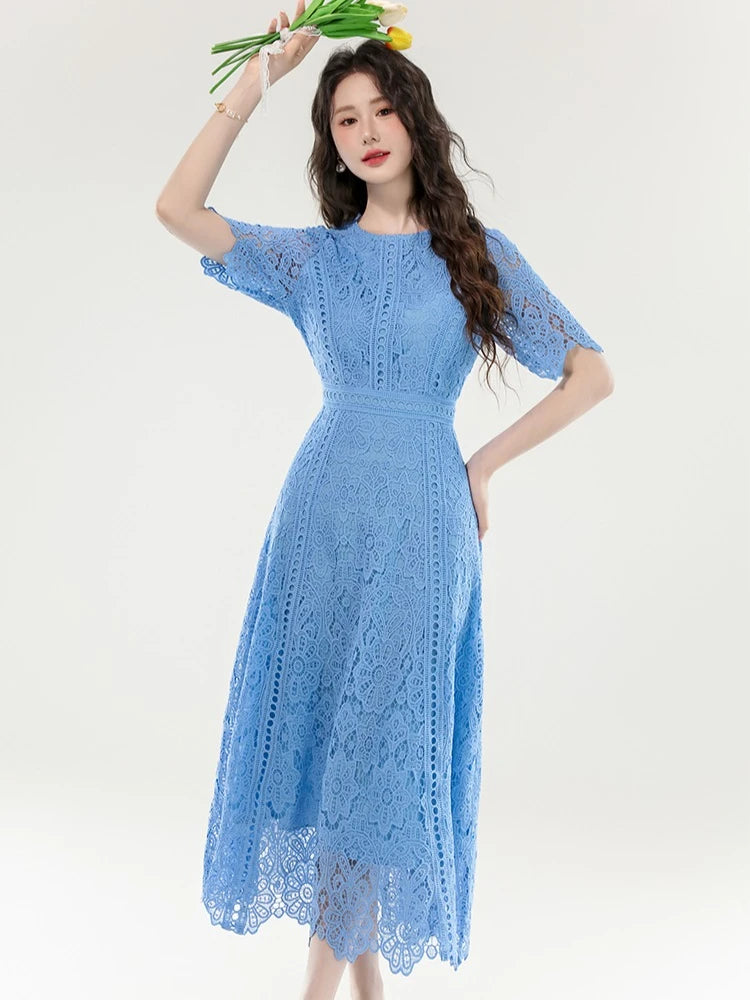 2025 New Summer French Elegant Fashion Evening Dress Women Lace Hollow Out Crochet Party Dress Casual Chic Holidays Clothing