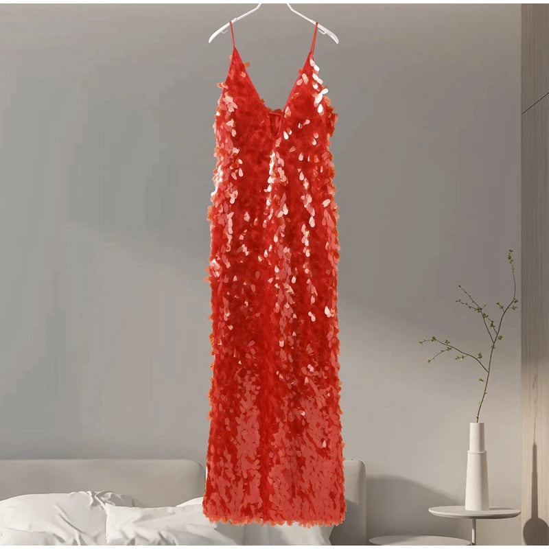 Glitter Sequins Spaghetti Strap Evening Gown – Women’s Sleeveless Backless Floor-Length Party Dress