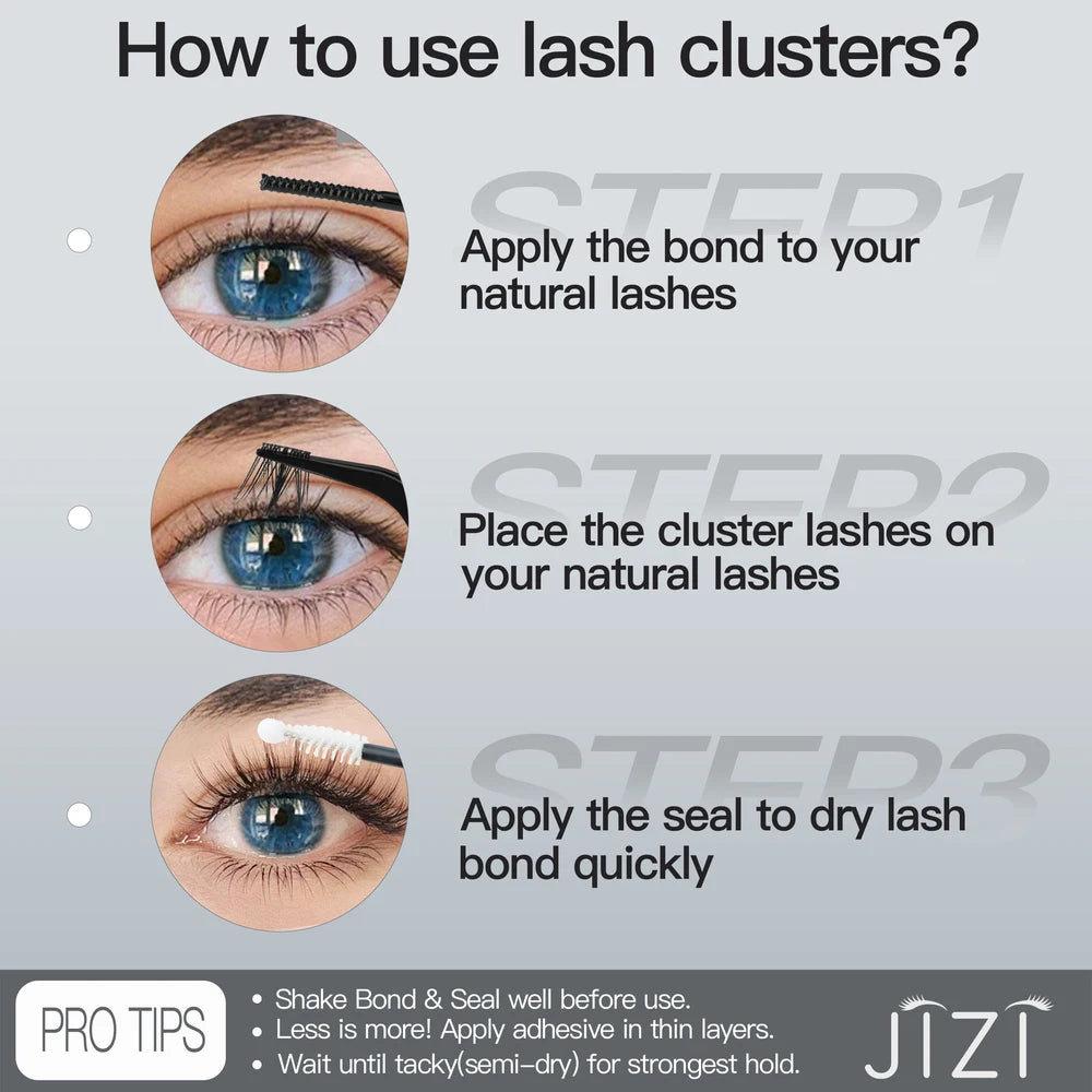 JIZI-LASH False Eyelashes Extensions Kit Lash Bond and Seal Lashes Remover Set 100Pcs DIY Long Clusters D Curved Make Up Tool