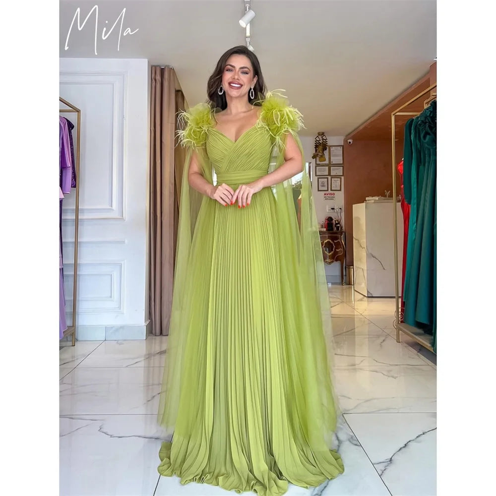 Mila V-Neck Feathers Straps Prom Dresses 2025 A-Line Tulle Elegant Evening Dresses Floor-Length Pleats Customized Party Dresses