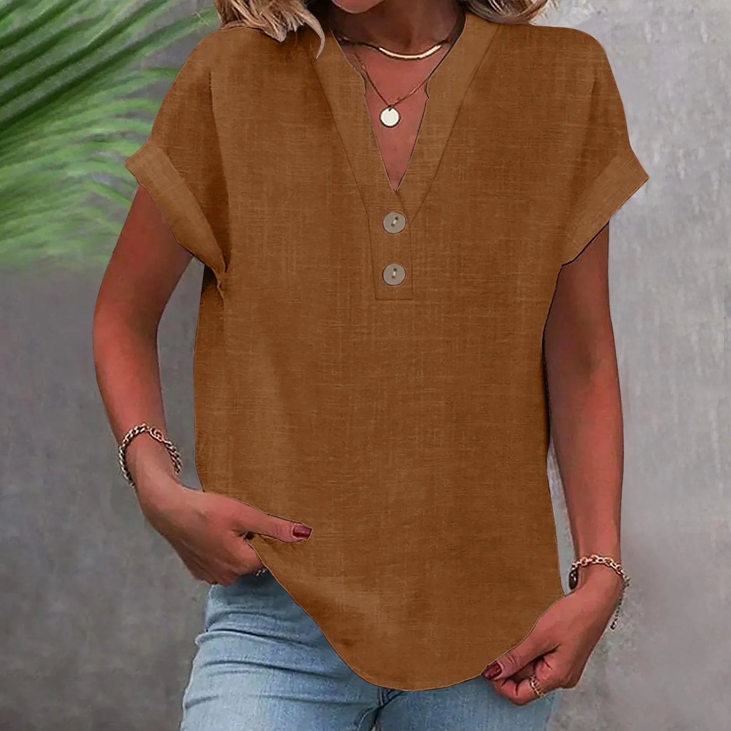 Cotton Linen Short Sleeved Breathable Shirt Summer Solid Color Fashion Stand Up Collar Button Down Women's Casual Office Shirt
