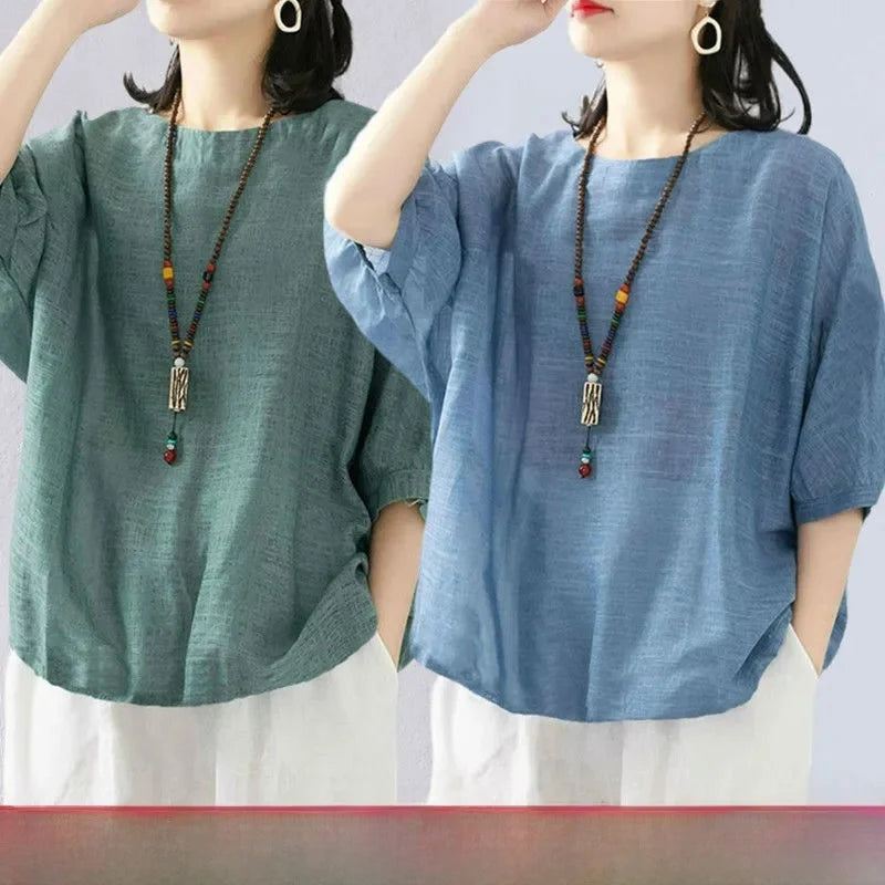 plus Size Women's Cotton T-irt ort Sve Summer New Sle Pure Linen Mid-Age Women's Faionable Commute Ethnic Sle Lo...