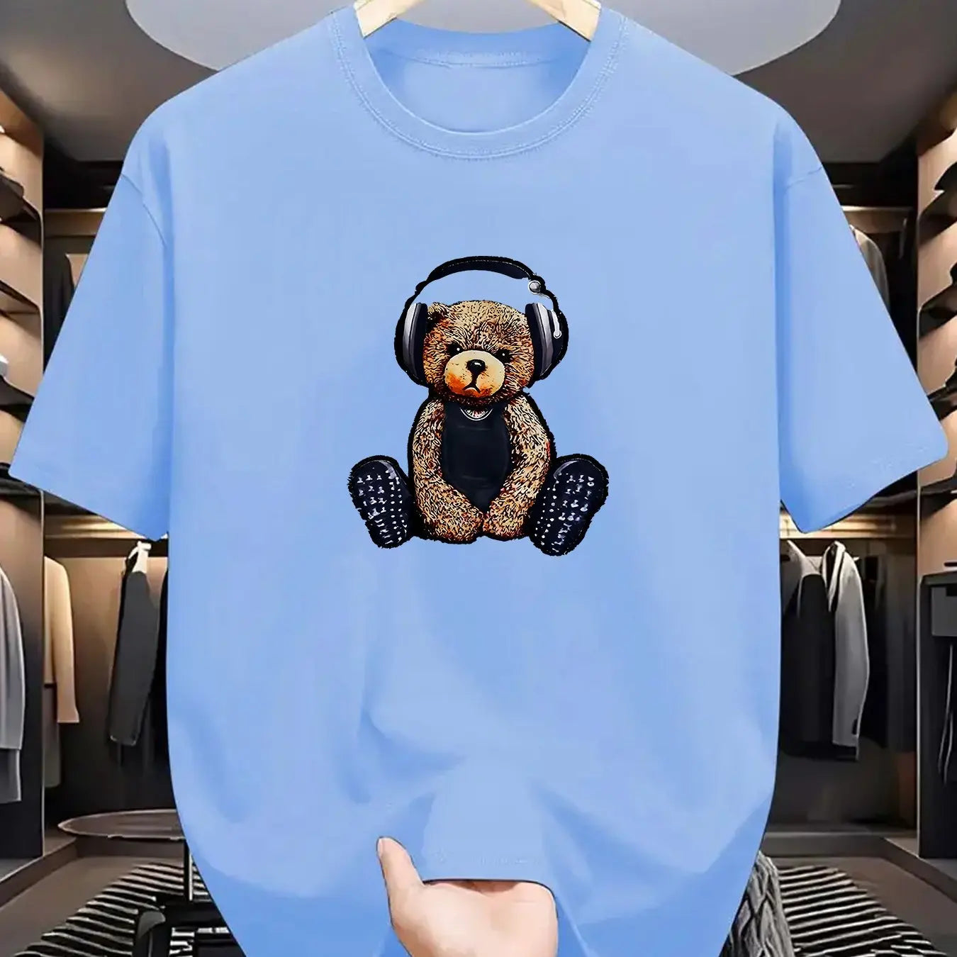 Men's Summer 100% Cotton Fashionable Casual Sports Loose Teddy Bear Headphones Print Round Neck Short Sleeve T-shirt Top