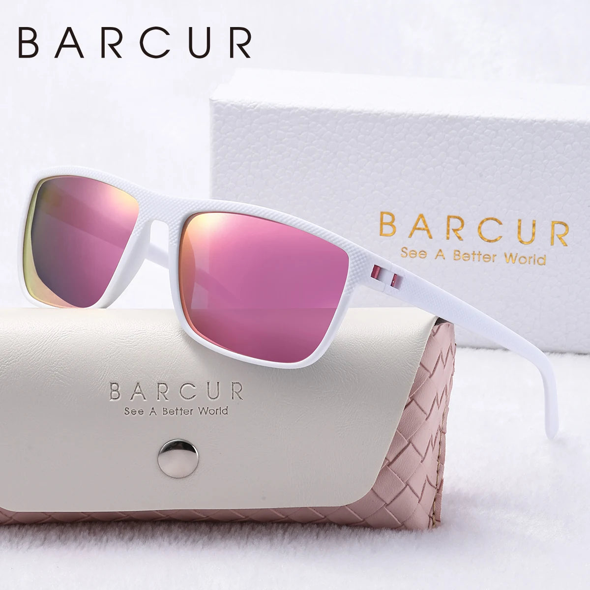 BARCUR Brand Original White Pink Polarized Sunglasses Light Weight Comfort Square PC Eyewear Sports UVA&B Women Sun Glasses