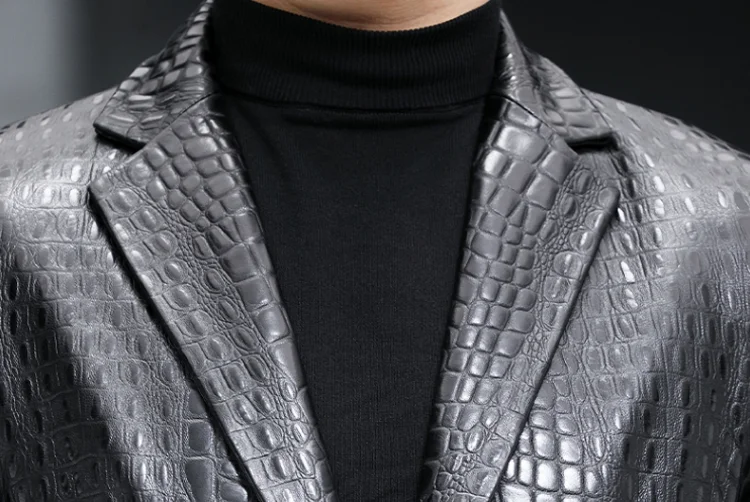 Luxury Business Men Alligator Pattern Genuine Leather Jacket Spring New Single Breasted Slim Fit Real Sheepskin Blazer Suit Coat