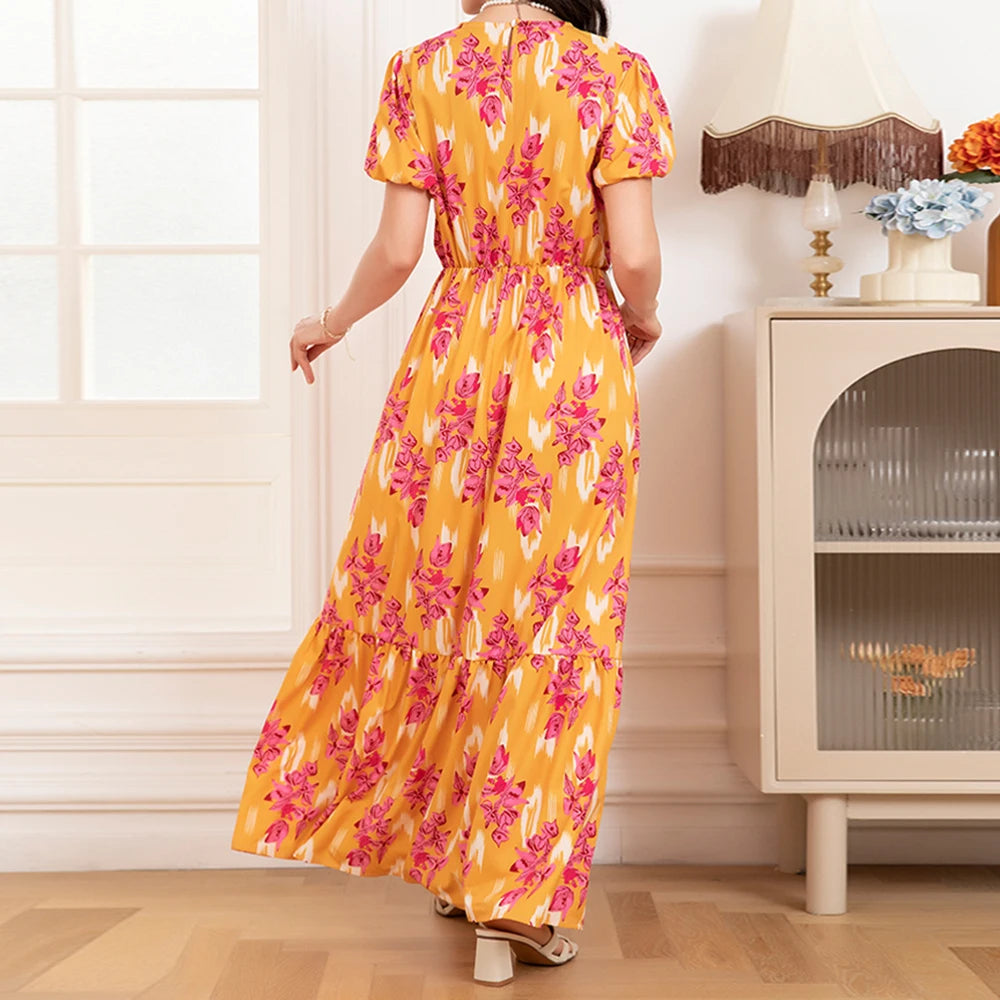 Rafiah Summer Dress 2025 Floral Women's Fashion Puff Sleeve Crew Neck A-Line Maxi Dating Arabian Dress