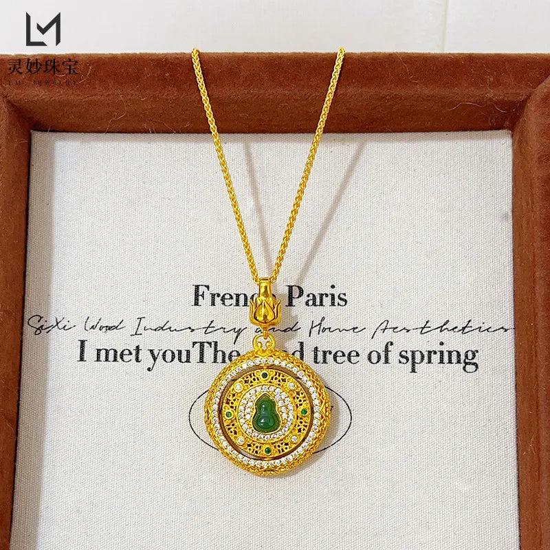 Women's 24K Gold Rotatable Hollow Pendant, AU999 | Distressed hollow-texture, rustic elegance for everyday grace.