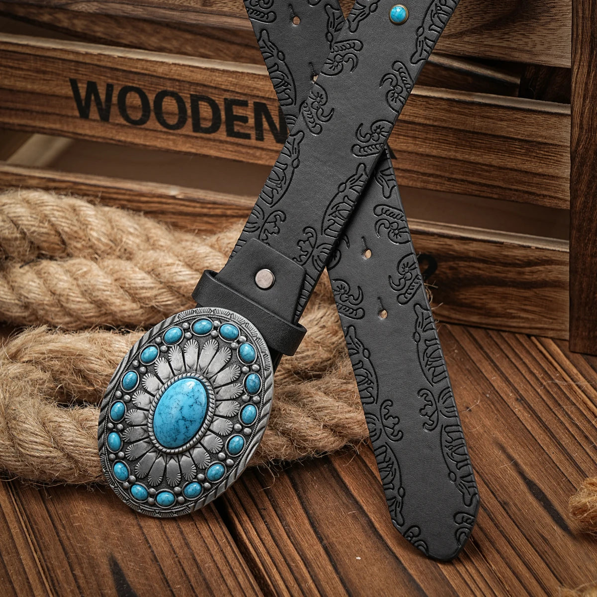 Western Cowboy PU Leather Belt - Men Waist Strap Bull Decoration Floral Engraved for Jeans