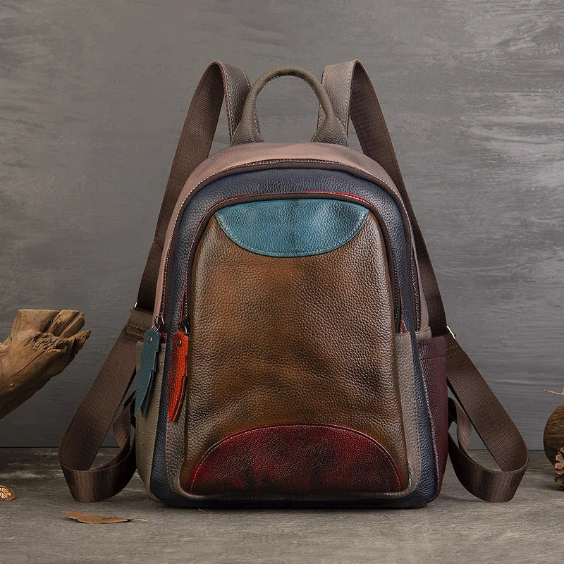 MOTAORA 2025 Soft Cowhide Leather Backpack Large Capacity Two-Tone Spliced Hand Painted College Student Travel Hiking Casual Bag