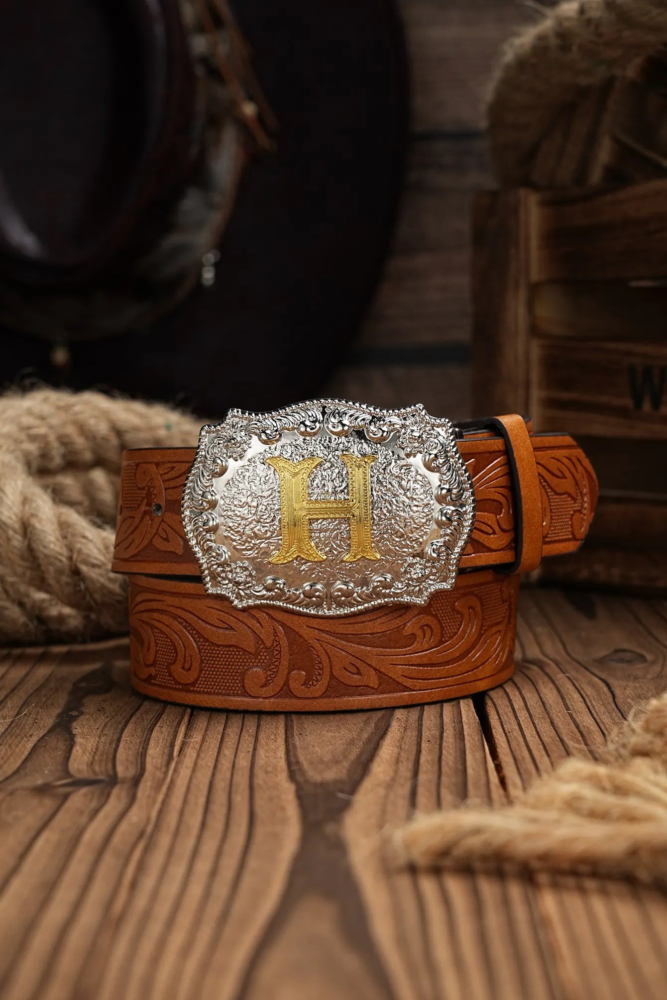 Western Cowboy PU Leather Belt - Men Waist Strap Bull Decoration Floral Engraved for Jeans