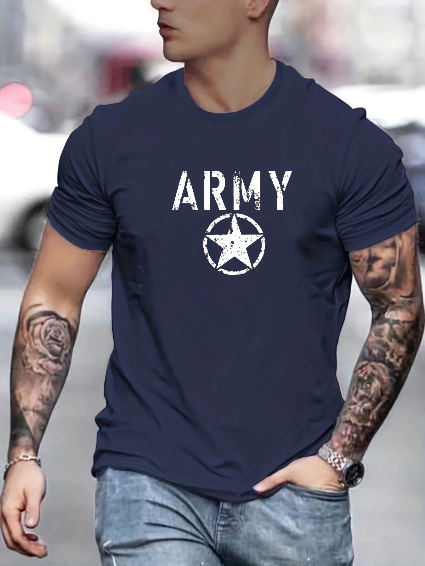 Men's summer 100 cotton fashionable casual loose sports ARMY and five pointed star printed round neck short sleeved T-shirt top