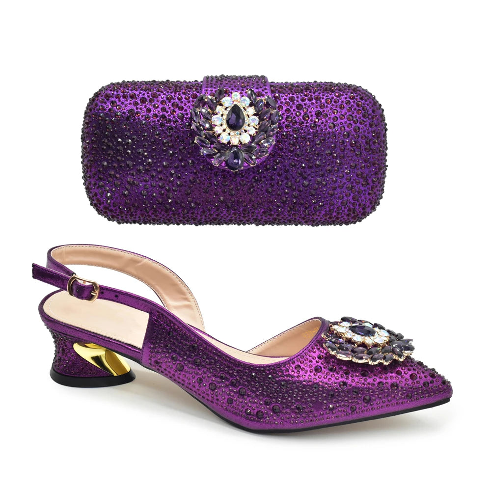 New Italian Shoe and Bag 2025 High Quality Luxury Full Diamond Italian Shoes and Bags Matching Set Decorated with Rhinestone