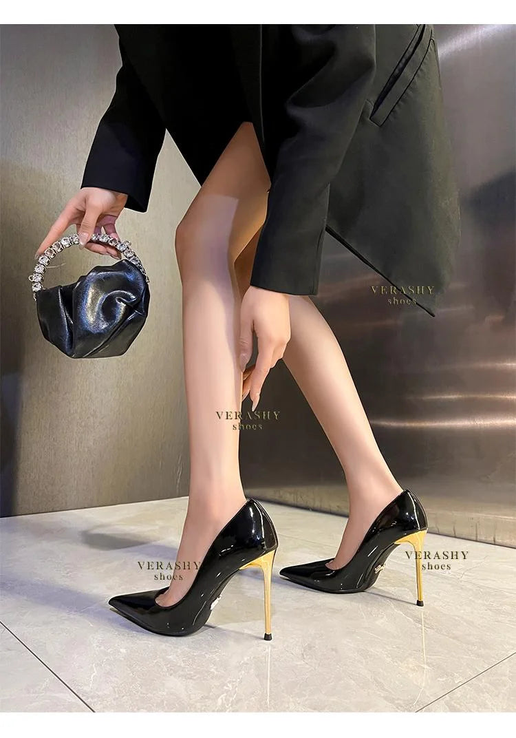 Green Shoes Quality Woman Pumps Patent Leather High Heels Sexy Party Shoes Metal Stilettos Luxury Wine red High-heeled Shoes
