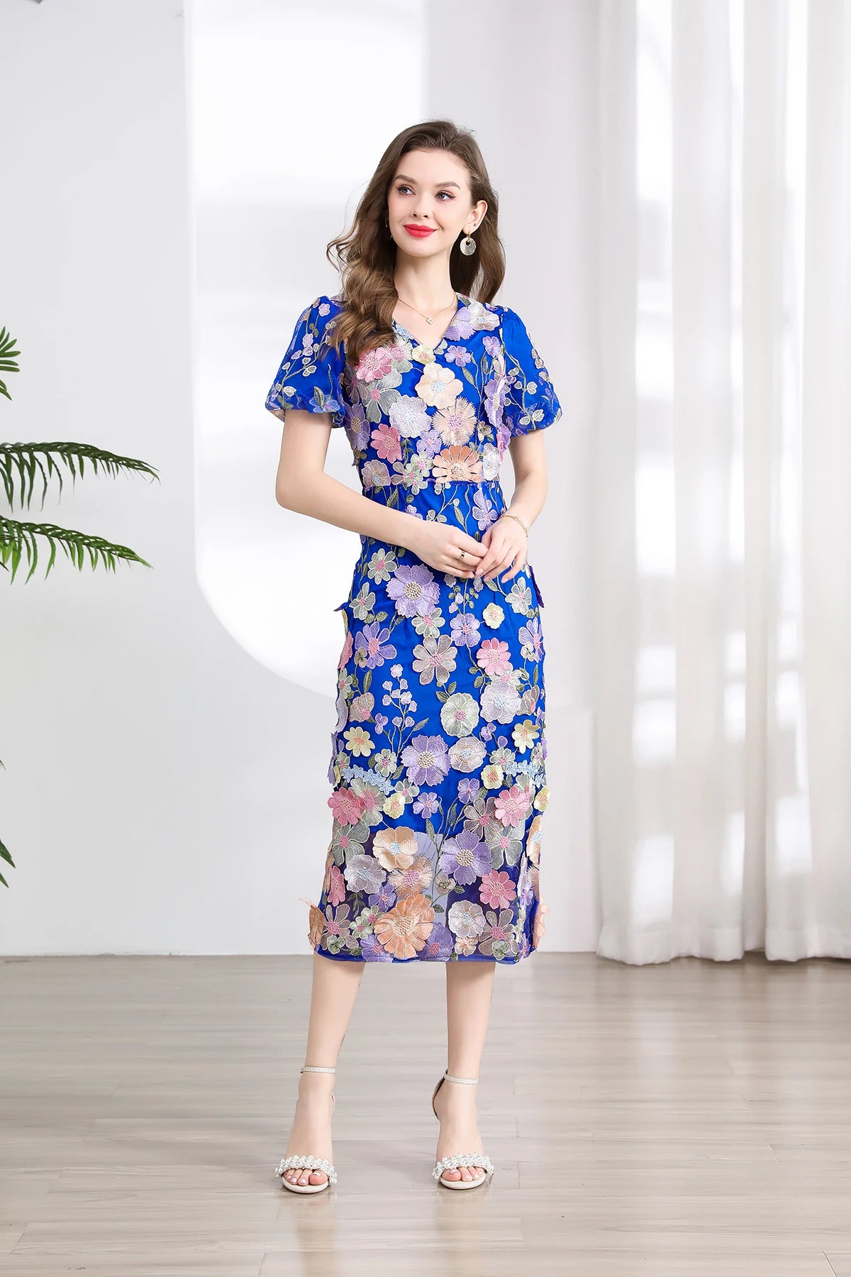 Summer High-end Embroidery Lace Prom Dress Women French Luxury 3D Flower Short Sleeve Long Dress Party Bodycon Holiday Vestido