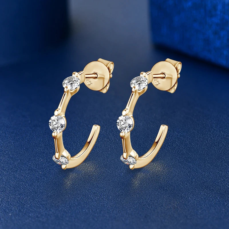 Lnngy Certified 3mm Moissanite Earrings for Women 925 Sterling Silver Unique C-shaped Stud Earring Classic Fine Jewelry Gifts