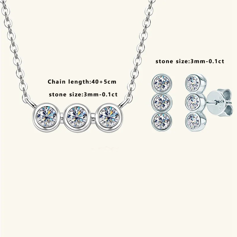 Lnngy 925 Sterling Silver Three Stone Stud Earrings Bracelets 3mm 0.1ct Moissanite Necklace Bracelet For Women Jewelry Set