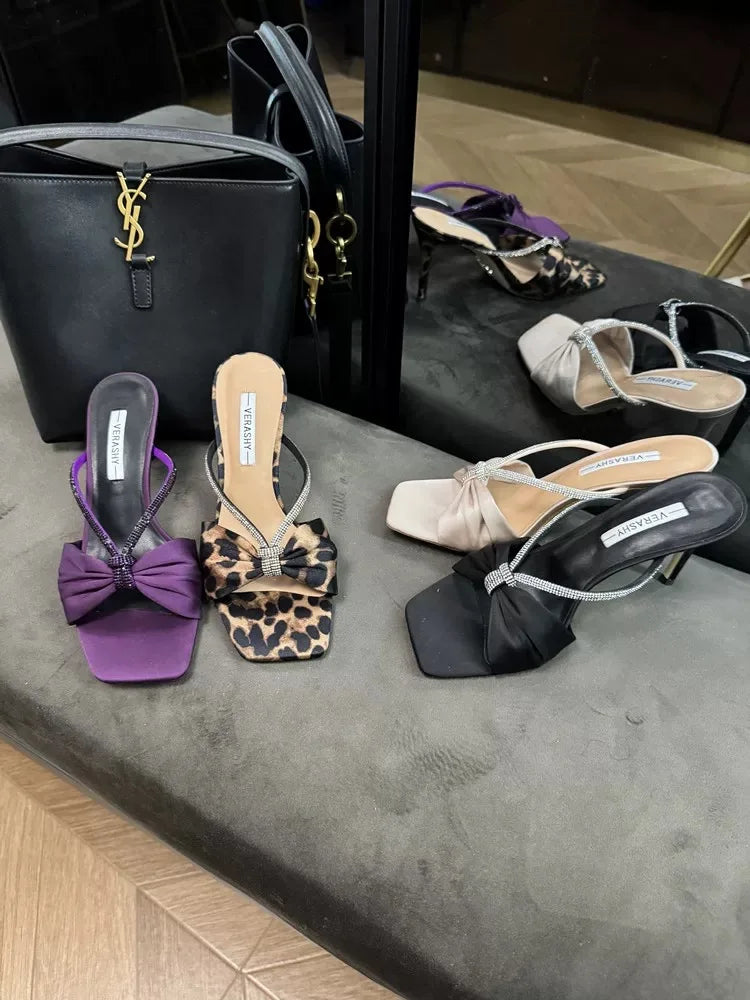 Leopard Satin Rhinestone One-Strap Sandals Women 2025 Summer New Bow Open-Toe Thin High-Heeled Slippers Casual Fashion pump