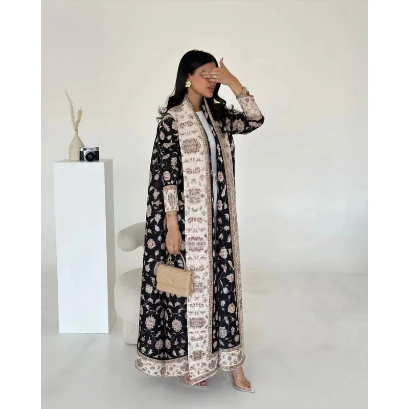 KAF Women Large Size Abaya 2025 Spring Autumn New Retro Printing Cardigan Tie Original Design Dubai Luxury Female Abaya