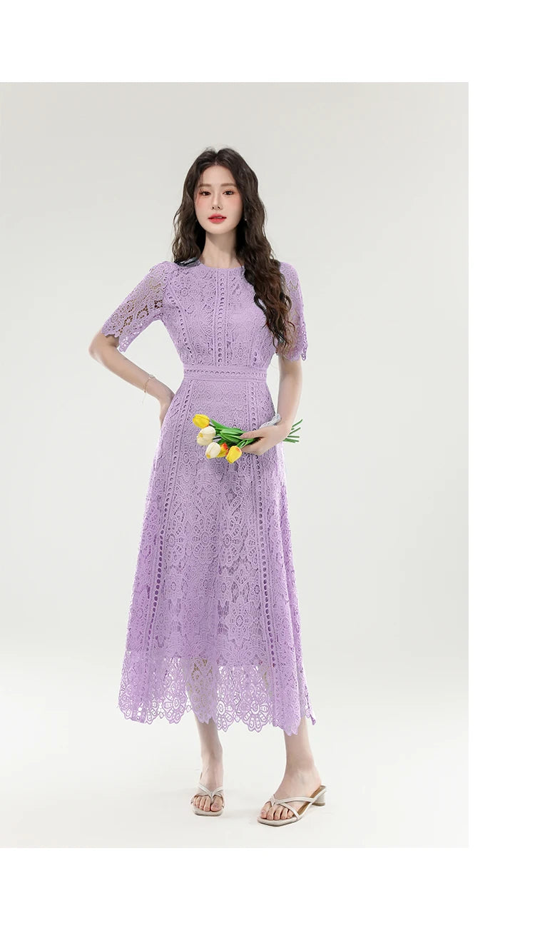 2025 New Summer French Elegant Fashion Evening Dress Women Lace Hollow Out Crochet Party Dress Casual Chic Holidays Clothing