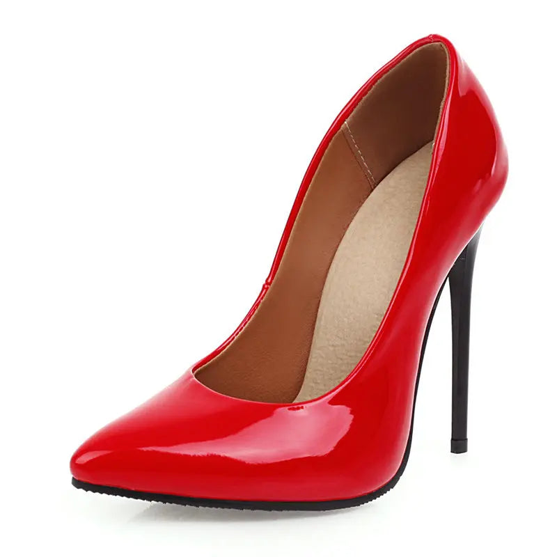 Women’s Pumps Classic Sexy Thin High Heels 12cm Patent Leather Stiletto Pointed Toe Party Elegant Office Shoes Big Size 34-48