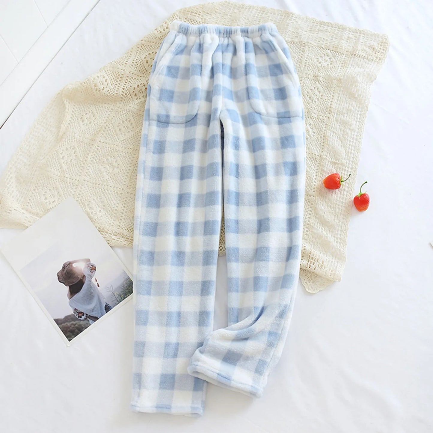 Women Loose Pajama Pants Plush Sleep Pants Soft Elastic Waist Pajama Bottoms Plaid New Classics Pants With 2 Pockets S-3XL