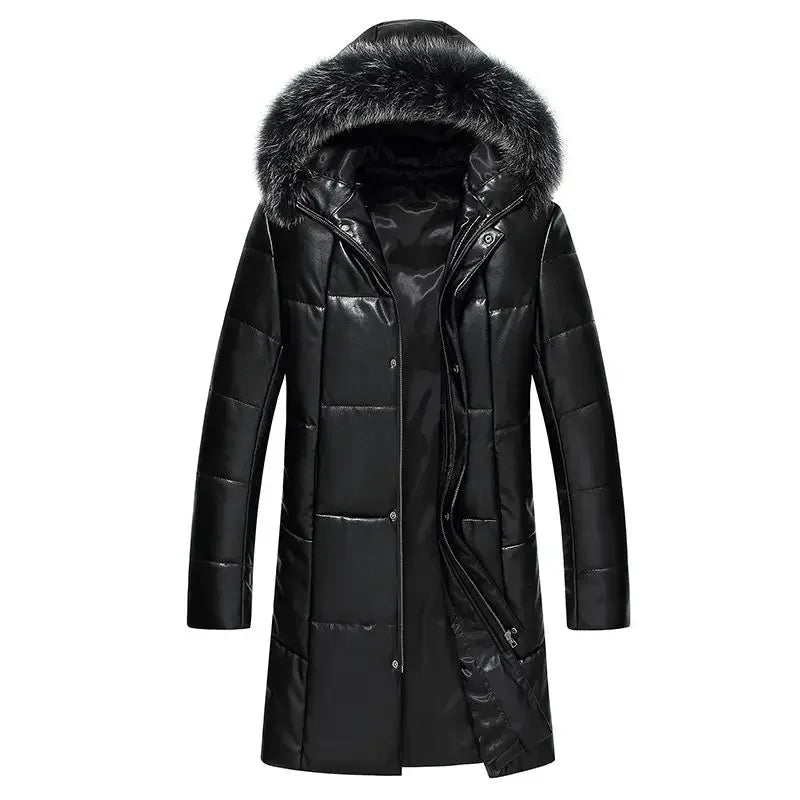 Down Jacket Genuine Leather Jacket Men's Mid Length Slim Fit Hooded Sheepskin Coat Man Puffer Jacket Winter Thicken Windbreaker