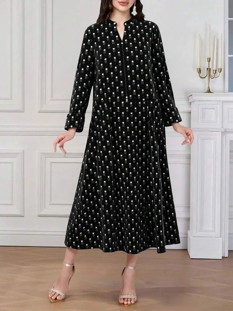 Rafiah Women's Even Dress Arabian 2025 Summer Elegant Contrast Color Polka Dot Long Sleeve Half Open Collar Draped Long Dress