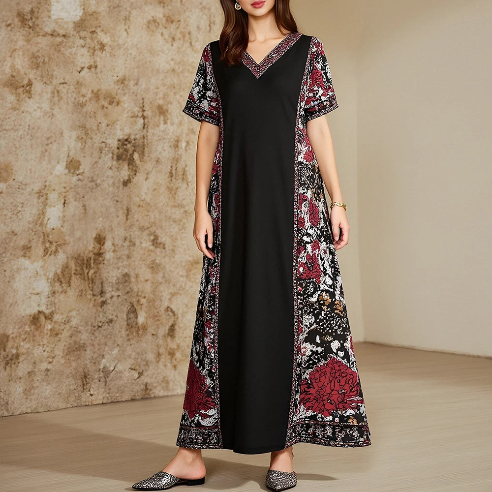 Rafiah Women's Arabian Dress Summer Fashion Opulent Contrast Color Short Sleeve V-Neck Midi A-Line Long Dating Dress