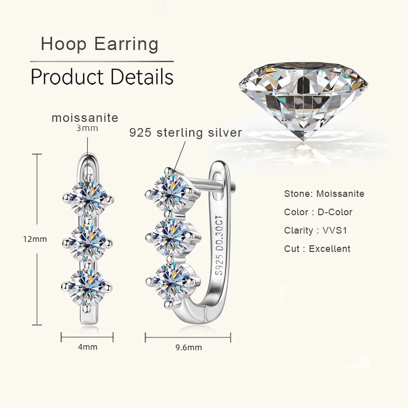 Lnngy Korean INS 3mm Three Stone Moissanite Earrings For Women 925 Sterling Silver U-Shaped Earrings Hoop Pendientes Jewelry