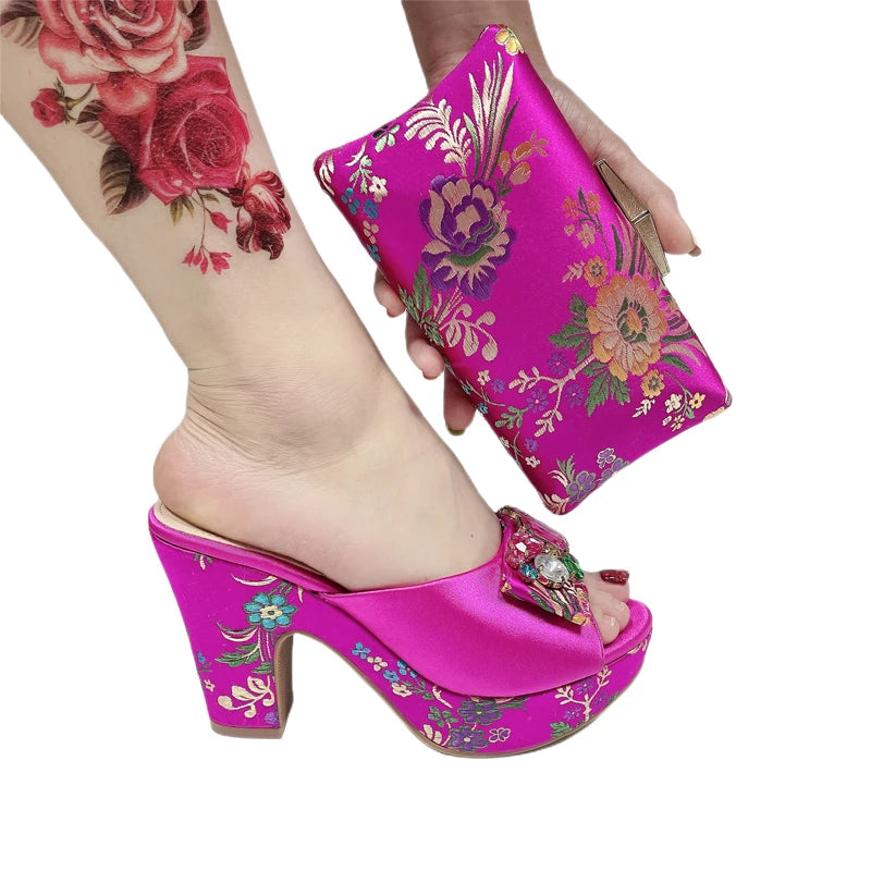Gladiator Sandals & Bag Set – Green Rhinestone Embroidery, High Heel Party Shoes