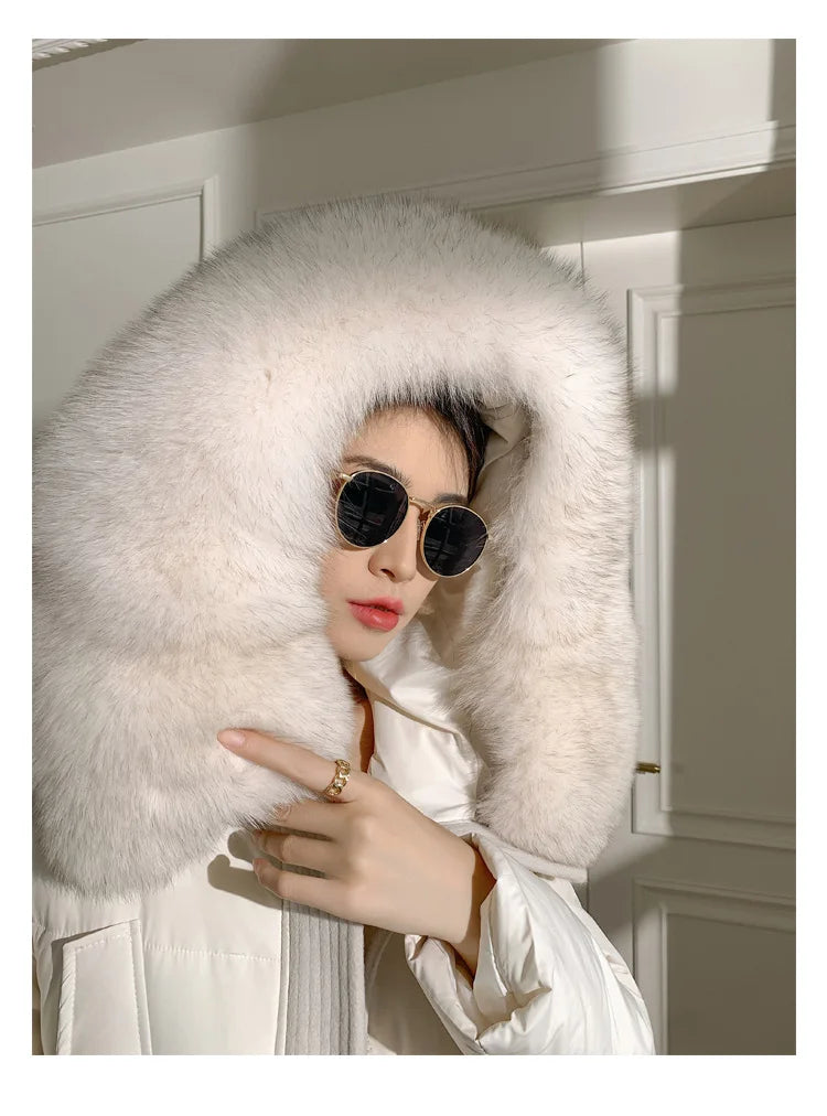 Women’s Luxury White Goose Down Coat – Hooded Long Jacket with Fox Fur Collar & Belt